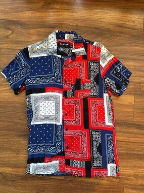 Men’s Red & Blue Bandana Patchwork Print Short Sleeve Shirt